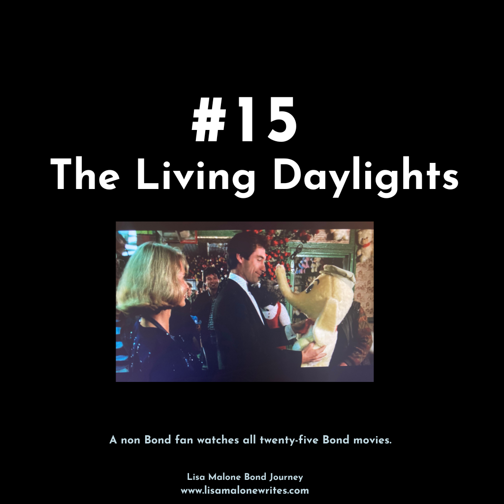 fifteenth movie, The Living Daylights, image Bond and Kara with stuffed animal