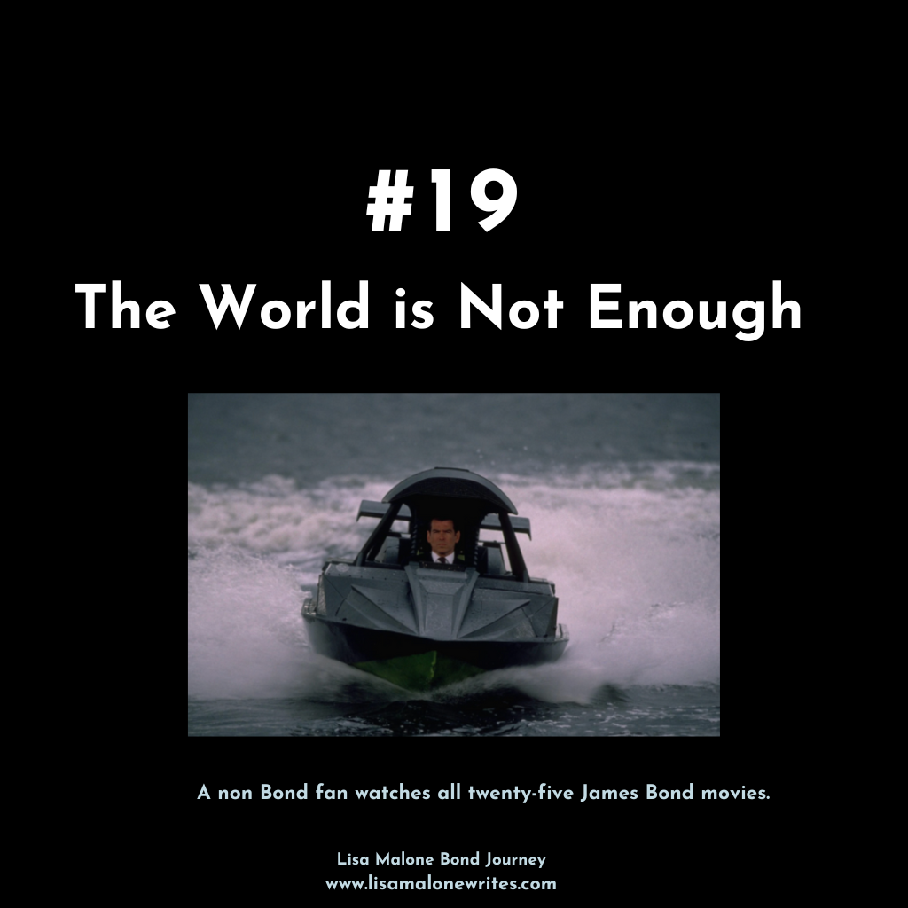 19th Bond movie, The World is Not Enough, image of Bond in boat